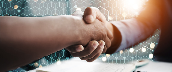 Image showing Partnership, business and hand shake in office overlay with deal, hexagon grid and b2b connectivity. Digital hologram, negotiation and men shaking hands for networking, opportunity and agreement.