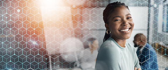 Image showing Portrait, business and black woman with a smile, banner and startup with teamwork, career and success. Face, African person and consultant with overlay, work or corporate professional with confidence