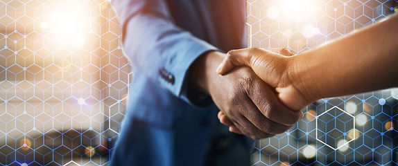 Image showing Partnership, business and hand shake in overlay with deal, hexagon grid and b2b connectivity. Digital hologram, negotiation and men shaking hands for networking, opportunity and agreement on mockup.