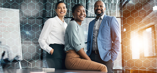 Image showing Portrait, business people and group with teamwork, overlay and solidarity with development, innovation and lens flare. Staff, manager and employee with banner, innovation and cooperation with support