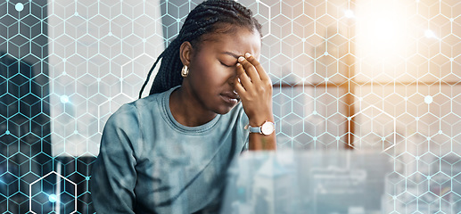 Image showing Business woman, headache and stress on computer for network mistake, coding and grid or data overlay. Sad employee or programmer with depression, fatigue or frustrated for integration software fail