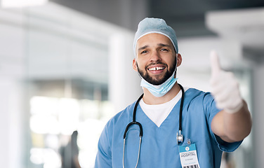 Image showing Portrait, man and doctor with thumbs up, support and agreement with feedback, medicine and medicare review. Face, person and medical professional with hand gesture, healthcare and like with icon