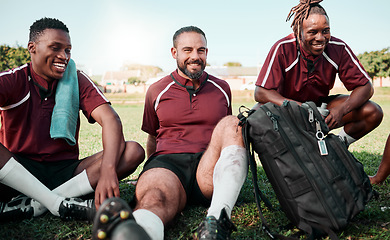 Image showing Fitness, people and rugby players on a break at training for planning strategy for game or match. Sports, group and athletes talking for team building and motivation on an outdoor field for practice.