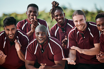 Image showing Sports, portrait and team on field for motivation in applause, cheers at competition or happy support. Smile, men and teamwork in rugby, friends at training with praise, celebration and game together