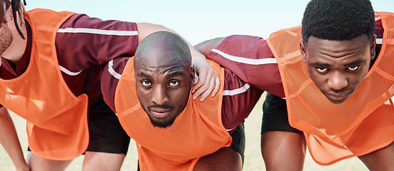 Image showing Rugby team, scrum and men in portrait for training, exercise and workout together. Sports, group huddle and serious face of people in collaboration, support and solidarity for competition outdoor.