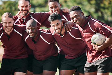 Image showing Portrait, men and rugby with smile while standing, together and happiness for victory. Team, young and boys for sports for bonding with exercise, fitness or winning of game, tournament or practice