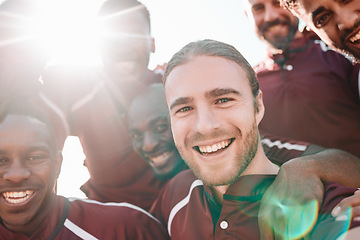 Image showing Football team, portrait and happy on sports field with victory, pride and final competition. Men, diversity and sport captain in collaboration in teamwork, lens flare and champion close up in smiles