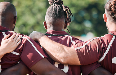 Image showing Rugby team, back and men huddle for support, collaboration or cooperation. Sports, group hug together and rear view for solidarity, hands of community and trust in game, competition or training match