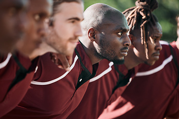 Image showing Scrum, rugby and men with commitment, game and fitness with support, training and competitive. People, players and guy on a field, teamwork and exercise with breathing, match and huddle with sports