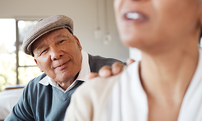 Image showing Couple fight, face and senior couple on a sofa angry, ignore and frustrated in their home together. Marriage, crisis and elderly man with depression, rejection or anxiety for wife with menopause