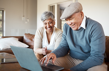 Image showing Senior couple, laptop and home living room with reading, smile or excited for streaming movie on sofa. Elderly woman, old man and computer with scroll, click or funny video on social media with smile
