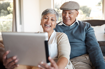 Image showing Tablet, video call and senior couple on a sofa relax, happy and talking at home together. Digital, communication and old people in a living room with online conversation, smile and enjoy retirement