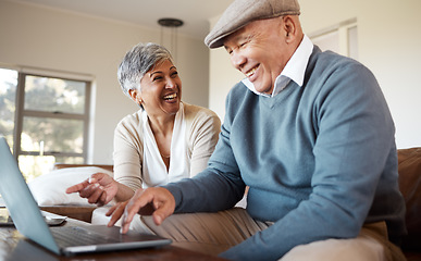 Image showing Happy, love and senior couple with a laptop on a sofa for subscription, search or sign up service at home. Movie, streaming and old people online in a living room with comedy, choice or social media