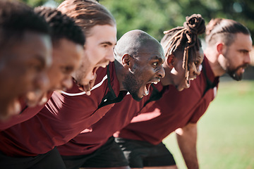 Image showing Huddle, rugby and men with fitness, game and serious with workout, training and competitive with support. People, players and face on field, teamwork and exercise with screaming, scrum or commitment