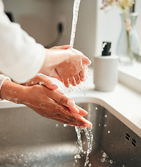 Image showing Closeup, hygiene and people washing hands in sink with water for cleaning, faucet or grooming. Zoom, sanitary and morning routine with soap, foam or liquid in basin for fresh fingers in a house