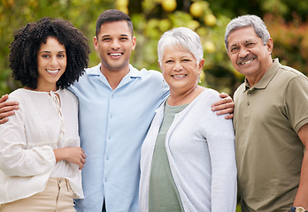 Image showing Happy family, portrait and people with support outdoor in nature for happiness, bonding and care with love. Holiday, men or women or parents with children in garden of home in summer for peace or joy