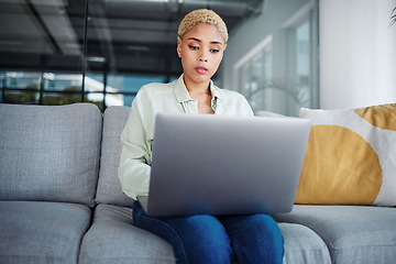 Image showing Businesswoman, alone and laptop for communication at home for financial planning, reports or email. Young, female and entrepreneur for remote work with feedback on technology, internet and web