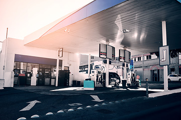 Image showing Gas station, cars and fuel for travel or transportation, auto stop and diesel service. Morning, road and and an area for gasoline for transport, oil change or a store for traveling inspection