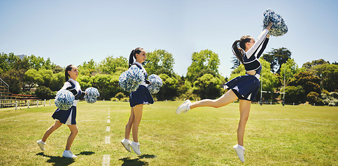 Image showing Cheerleader person, jump and dancing for sports practice on grass field for final competition. Woman, athlete and intense training with agility, balance and concentrate with focus for composite