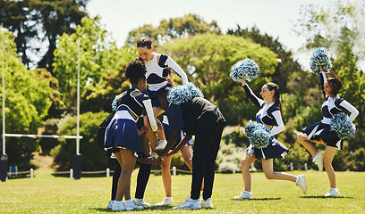Image showing Team, cheerleader or girl on field for practice or fitness training in outdoor workout or performance. Learning routine, dance or sports woman in group for motivation, inspiration or support on grass