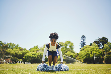 Image showing Portrait, cheerleader or girl on field for fitness training in outdoor workout performance or trick. Smile, cheer or happy sports woman in uniform for motivation, mockup banner or support on grass