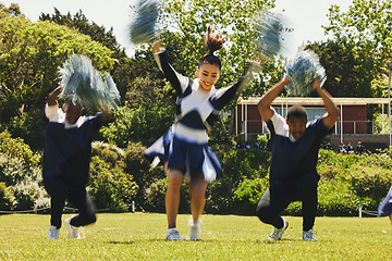 Image showing Cheerleader, dancing on field and college in happiness with energy in sport, event or game. Woman, men and diversity with teamwork, training and pompoms at university, performance and competition
