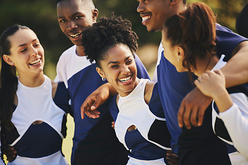 Image showing Sports team, hug or happy cheerleaders with support outdoor training or event and game together on field. Diversity people, smile or proud friends or excited squad, winning celebration and fitness