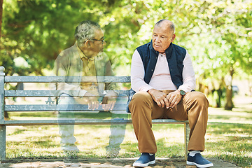 Image showing Depression, death and old man in a park with ghost of a friend, brother or past memory. Nostalgic, presence and senior male with mental health crisis in a forest haunted, lonely or with spirit guide