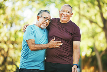 Image showing Mature, men and fitness for health in closeup for retirement in embrace, conversation and laughing at park. Elderly, people or friends on walk, together and bond for happiness with wellness in cardio