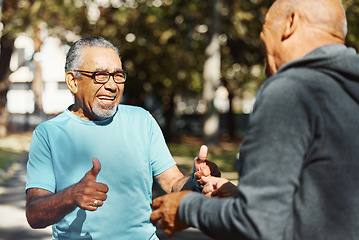 Image showing Fitness, friends and old men in park with thumbs up, smile and motivation on morning exercise together. Yes, energy and agreement, senior people in nature for workout, training and happy retirement