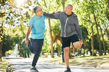 Image showing Senior man, friends and stretching in nature for running, exercise or outdoor training together at park. Mature people in body warm up, leg stretch or preparation for cardio workout or team fitness