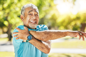 Image showing Senior man, portrait and stretching at park in fitness for workout, training or outdoor exercise. Happy mature male person in body warm up or arm stretch for preparation, health or wellness in nature