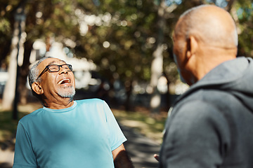 Image showing Fitness, friends and senior men in park, laughing and fun on outdoor exercise energy together in morning. Happy, funny and elderly people on nature path for workout, training and health in retirement