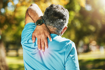 Image showing Senior man, back pain and nature in sports injury, fitness or outdoor accident after workout or training. Rear view of mature male person with sore spine, bone or inflammation from muscle exercise