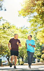 Image showing Senior, men and running for exercise in road of city for wellness, fitness or workout outdoor with smile. Elderly, people and training together in nature or park for health, adventure and happiness