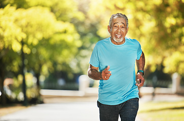 Image showing Portrait, summer and an old man running in the park for fitness, cardio training or a marathon. Exercise, smile and a happy senior runner outdoor for a workout to improve health or wellness on space