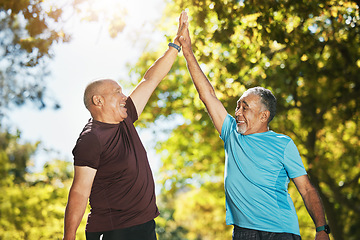 Image showing Senior man, friends and high five in nature for fitness, workout or outdoor exercise together. Happy mature people touching hands in success, teamwork or motivation for training or wellness in nature