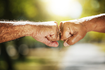 Image showing Support, nature and a fist bump for fitness motivation, solidarity or collaboration in exercise. Connection, teamwork and people with hands or a gesture for training success or target in a park