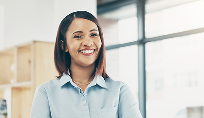 Image showing Storage, office and happy portrait of woman in retail, store or small business owner in shipping warehouse or workplace. Professional, face and employee smile with happiness in project management