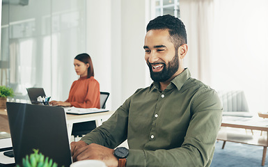 Image showing Man, smile and typing on laptop in office, email or planning a proposal. Happy mexican worker, sitting and working on review or research on computer, creative and insight for report by businessman