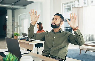 Image showing Invisible screen, corporate and a businessman with touch, reading hologram or research. Inspiration, planning and a young employee with hands for a design, analysis or virtual technology in office