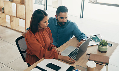 Image showing Research, business couple in home office and working together for planning startup online. Coworking on website, man and woman at desk with laptop, support and mentor on project at digital agency.