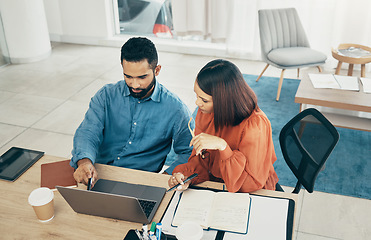 Image showing Man, woman and work in office with laptop for startup, cost management and accounting in above. Mexican people, brainstorming and collaboration with financial reports with mentor, email and planning