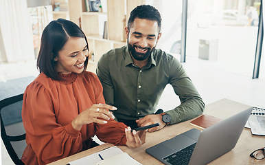 Image showing Teamwork, phone and business people in an office for coworking, training or help with a project. Happy, internet and a woman, man or employees with technology for the web, app or collaboration