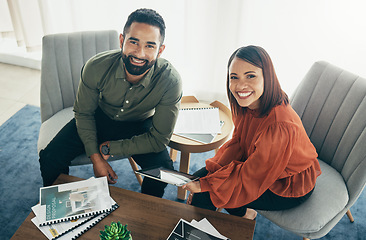 Image showing Team, smile and portrait for collaboration in office, review on proposal, reports and strategy. Happy business people, corporate and partnership for startup or documents and tablet for feedback