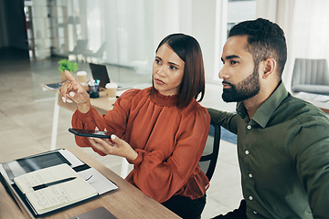 Image showing Team, invisible screen and business people in office on digital ui, futuristic phone and startup. Hands, man and woman press virtual touchscreen at desk on ar technology, click app and collaboration