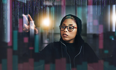 Image showing Woman, hacker and digital overlay at night in cybersecurity, programming or cryptocurrency at basement. Serious female person, employee or programmer working late on problem, cyber attack or malware