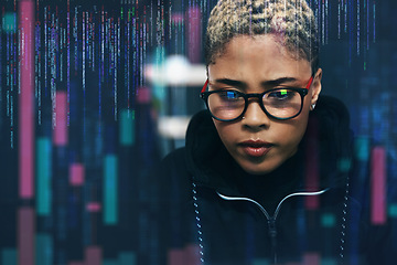 Image showing Woman, hacker and coding at night in cybersecurity, programming or cryptocurrency on digital overlay. Female person, serious employee or programmer working late on problem, cyber attack or malware