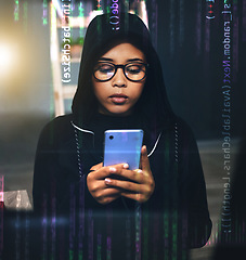 Image showing Hacker, coding overlay and woman with phone at night for cybersecurity, phishing and crime. Information technology, mockup and person on smartphone with software, network code or programming hologram