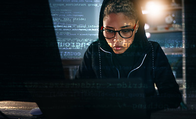 Image showing Hacker, woman in dark room with laptop and code, data analysis and IT, phishing and cyber crime with database. Cybersecurity, programming and criminal with pc, overlay or hologram with ransomware